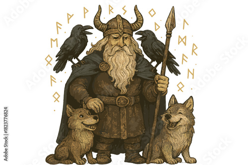 Odin's Mystical Companions. Odin with two cheerful ravens whispering secrets, wolves smiling at his feet, and runes floating in