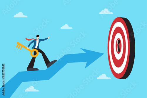 business illustration symbolizing goal achievement and success strategy. man carries a large key toward a target board, representing solutions, direction, and focus in reaching objectives.
