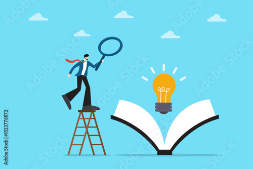 business illustration about searching for creative ideas and innovation research.  professional uses a magnifying glass to discover new inspiration represented by a glowing lightbulb.