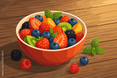 Fruity Delight Display. Colorful bowl of fruit salad vector illustration with fresh berries and mint leaves on a rustic wooden