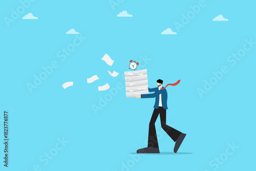 business illustration showing deadline pressure and workload management. professional carries a stack of documents with an alarm clock symbolizing urgency, productivity, and time control.