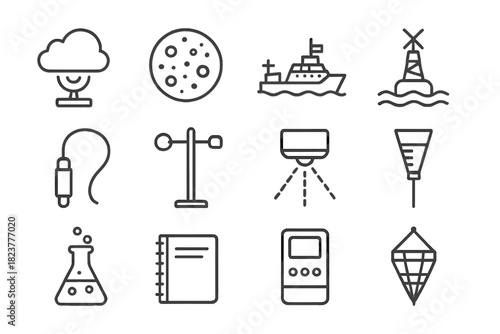 Weather Science Icons. Line style icons of Weather and Ocean Science: Cloud Radar, Salt Particle, Research Vessel, Ocean Buoy;