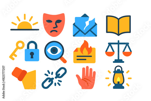 Revelation Symbols Icons. Flat vector icons of Revelation Symbols: rising sun, cracked mask, torn envelope, opened book, key