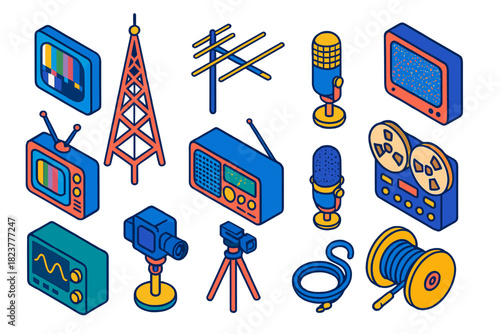 Broadcast Equipment Icons. Isometric vector illustration set Analog Broadcast: monochrome test pattern, radio mast tower, rooftop