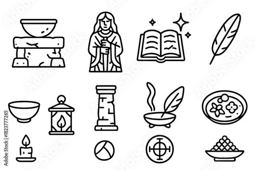 Ancient Worship Icons. Line style icons of Ancient Worship: Weathered Altar, Carved Statue, Legendary Tale, Ritual Gifts; Bowl,