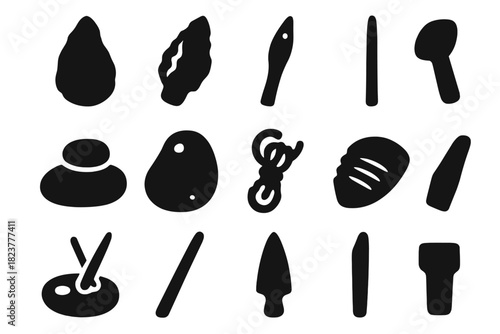 Ancient Tool Icons. Solid style icons of Ancient tools: stone hand axe, flint knife, bone needle, wooden spear, grinding stone,