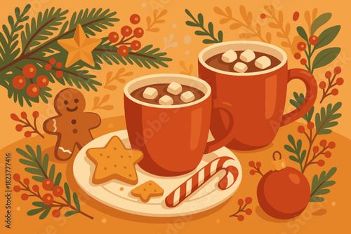 Festive Holiday Breakfast. Festive holiday breakfast setup with mugs of hot cocoa surrounded by Christmas decorations, warm and