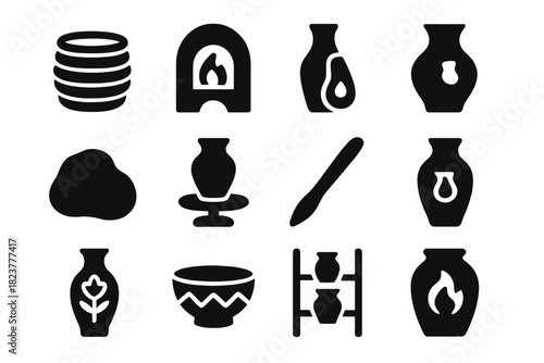 Artisan Pottery Icons. Solid style icons of Artisan Pottery: Coil Pot, Kiln, Glaze, Unique Piece, Clay Lump, Potter’s Wheel,