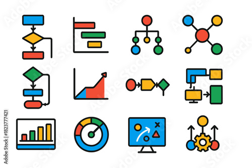 Operational Research Icons. Flat vector icons of operational research concepts: flowchart, gantt chart, decision tree, network