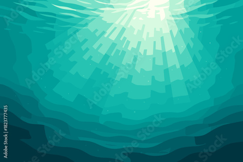 Sunlit Ocean Tranquility. Dynamic vector illustration underwater view of sun rays filtering through a turquoise ocean, serene and