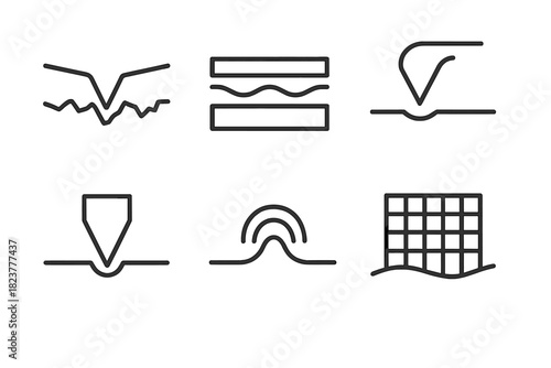 Surface Interaction Icons. Line style icons of Surface Interactions: asperity contact, layered materials, surface coating,