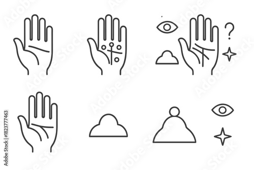 Palmistry Line Icons. Line style icons of Fortune Hand Analysis: Palm Creases, Life Line, Mount Diagram, Palm Reading; Heart Line,