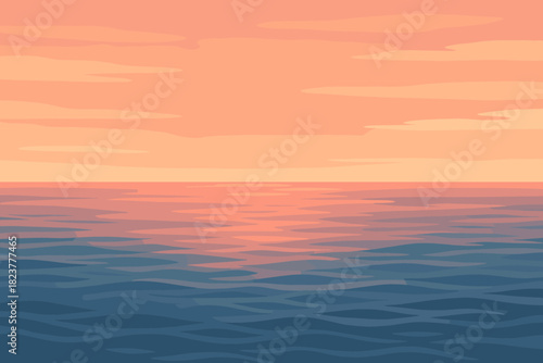 Serene Sunset Horizon. Expansive view of a calm ocean meeting a soft pink and orange horizon vector illustration at sunset,
