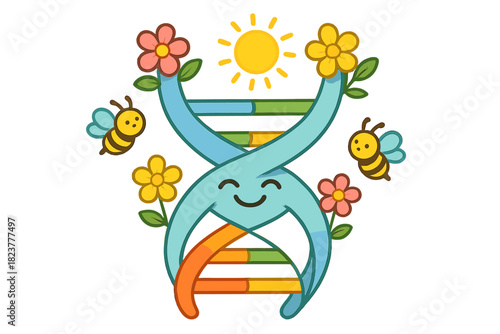 Smiling DNA Ribbon. DNA double helix shaped like a smiling ribbon with flowers, bees, and sunshine influencing its colors No text,