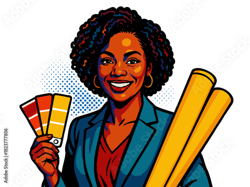 smiling female interior designer with color palette and architectural plans, symbolizing creativity and home design. Generative ai vector colorful pop art illustration.