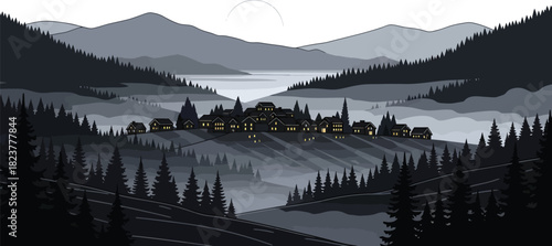 Misty Pixel Art Mountain Village