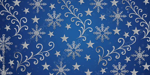 Fototapeta Naklejka Na Ścianę i Meble -  Elegant seamless blue Christmas background featuring silver glitter snowflakes, stars, and decorative swirls on a deep blue backdrop. Festive, luxurious, and perfect for holiday design projects.