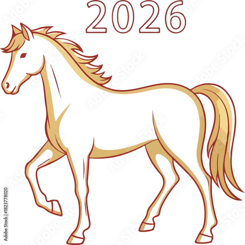 Cartoon horse with 2026 above The horse has a golden mane and tail