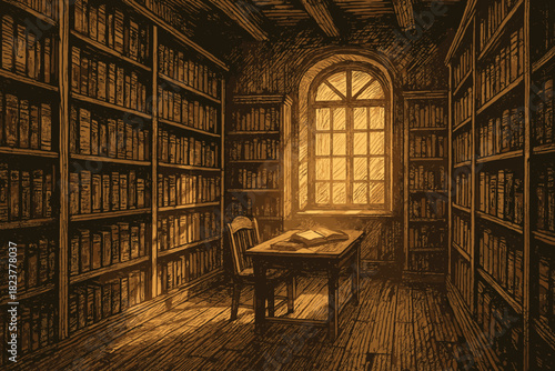 Vintage Library Glow. Atmospheric library with shelves of vintage vector illustration books illuminated by warm golden light,
