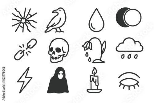 Dark Omens Icons. Line style icons of dark omens: shattered glass, crow, blood drop, eclipse; broken chain, skull, wilted flower,