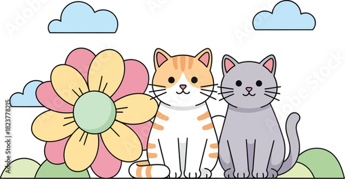 Cute Cats and a Big Flower
