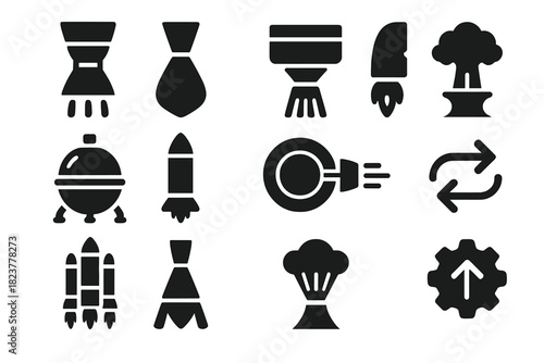 Rocket Propulsion Icons. Solid style icons of rocket propulsion in space: rocket engine, thruster nozzle, ion propulsion, plasma