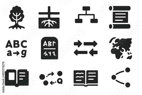 Word Evolution Icons. Solid style icons of word evolution: etymology tree, root diagram, branching timeline, historical word