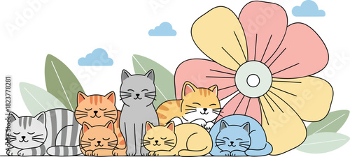 Cute Cats Napping with a Flower