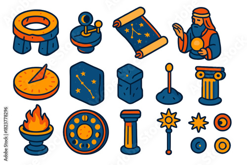 Ancient Astronomy Artifacts. Isometric vector illustration set Ancient Astronomy: ancient stone ring, eclipse predictor, star