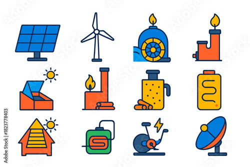 Renewable Energy Icons. Flat vector icons of Renewable Energy in Permaculture: solar panel, wind turbine, micro hydro wheel,