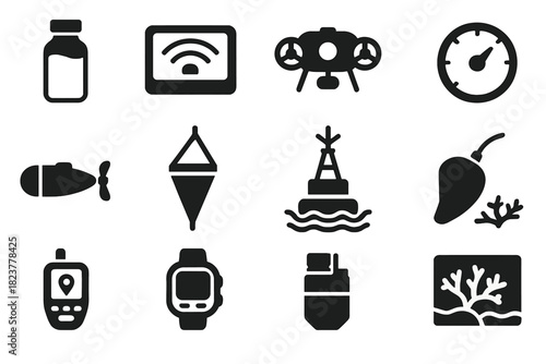 Marine Research Icons. Solid style icons of Marine research: water sample bottle, sonar device, underwater drone, depth gauge,