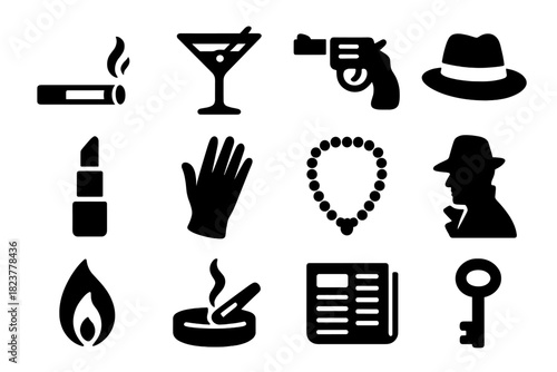 Noir Icons Collection. Solid style icons of Noir Symbols: Cigarette, Martini Glass, Revolver, Fedora, Lipstick, Gloved Hand, Pearl