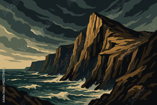 Stormy Cliffside Adventure. Dramatic ocean cliffside vector illustration under a moody stormy sky, rugged natural tones and sharp