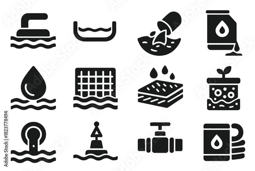 Pollution Control Icons. Solid style icons of Pollution control: oil skimmer, floating barrier, trash net, chemical neutralizer,