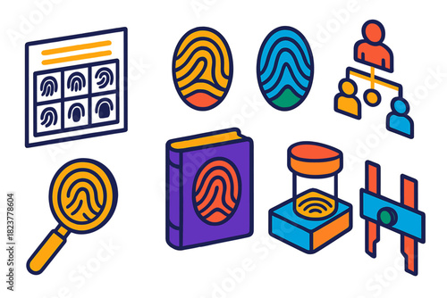 Fingerprint Study Tools. Isometric vector illustration set Dermatoglyphics: fingerprint ink sheets, loop and arch diagrams,