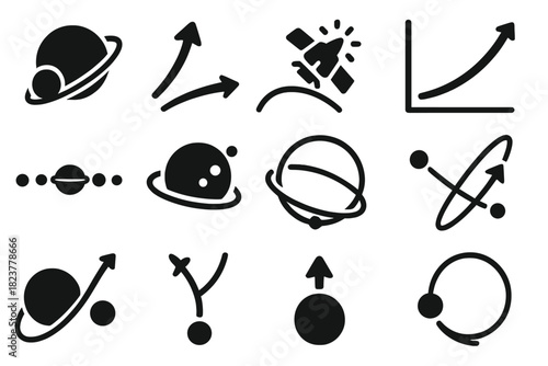 Gravity Assist Icons. Solid style icons of gravity assists: planet slingshot, curved trajectory arrow, spacecraft flyby, energy