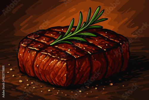 Rosemary Steak Delight. Close-up of a perfectly cooked steak garnished with rosemary, illuminated by soft warm light, rich