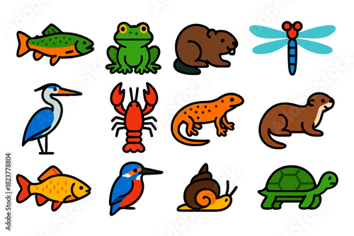 Freshwater Life Icons. Flat vector icons of freshwater life: trout, frog, beaver, dragonfly, heron, crayfish, newt, otter, carp,