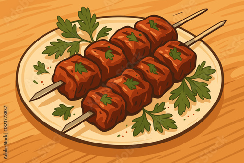 Grilled Meat Skewers. Juicy grilled meat skewers garnished with fresh herbs, rich textures, vector illustration warm and inviting
