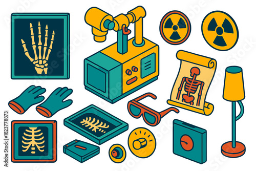 Vintage Radiology Icons. Isometric vector illustration set Vintage Radiology: X-ray skeletal hand, framed plate, diagnostic
