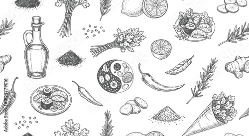 Sketch of various objects in black and white