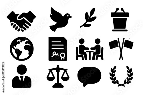 Diplomacy Icons. Solid style icons of international diplomacy and conflict resolution: handshake, peace dove, olive branch, podium