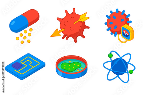 Nanomedicine Icon Set. Isometric vector illustration set Nanomedicine Applications: drug delivery capsule, cancer cell targeting