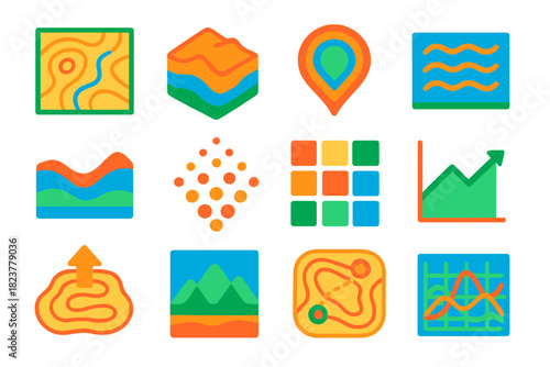 Colorful Terrain Icons. Flat vector icons of granular terrain visualization and mapping: topographic map, 3D terrain model, slope