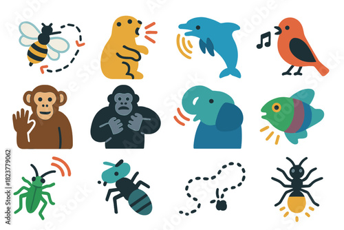Animal Communication Icons. Flat vector icons of animal communication: bee waggle dance, prairie dog alarm call, dolphin whistles,