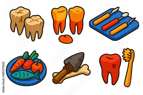Ancient Dental Health Icons. Isometric vector illustration set Paleopathology of dental health: archaeological teeth, worn