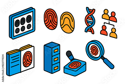 Fingerprint Study Tools. Isometric vector illustration set Dermatoglyphics: fingerprint ink sheets, loop and arch diagrams,