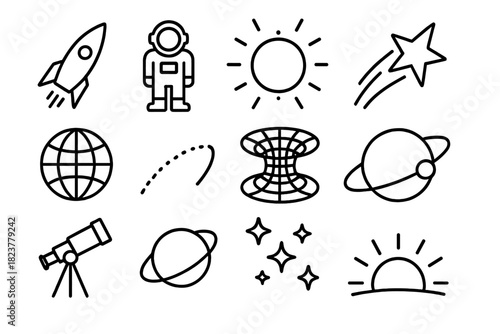 Galactic Journey Icons. Line style icons of galactic journey: rocket silhouette, astronaut, glowing planet, shooting star;