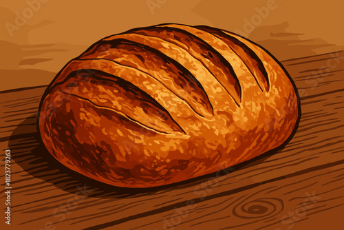 Golden Artisan Bread. Freshly baked loaf of artisan bread with a vector illustration crisp golden crust, rustic wooden surface,