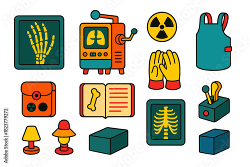 Vintage Radiology Icons. Isometric vector illustration set Vintage Radiology: X-ray glass film, bone hand image, early diagnostic